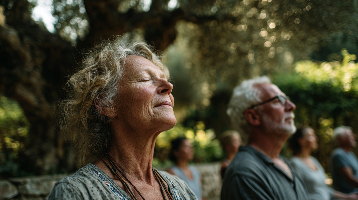Група людей зрілого віку виконує йогу на природі